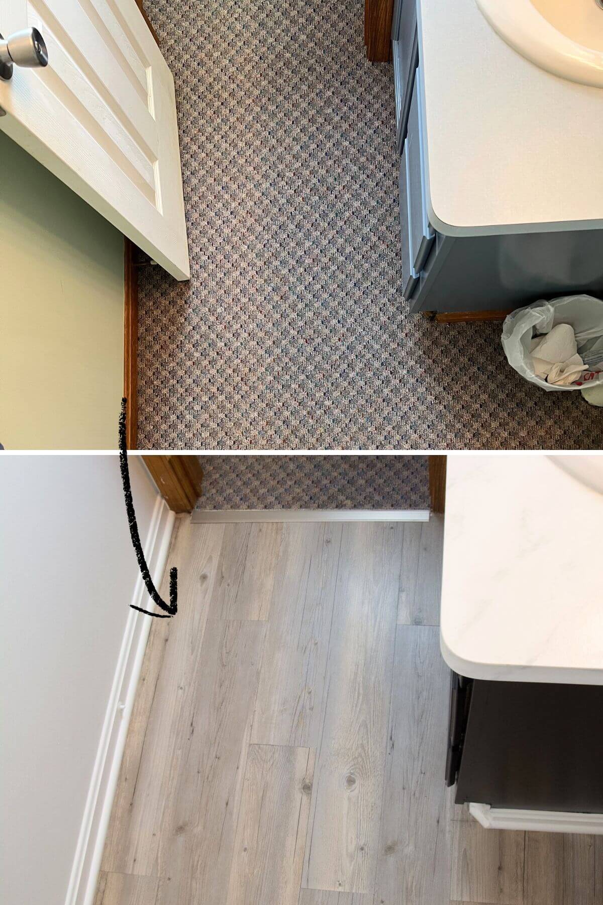 two images of the same bathroom floor, one with carpet and one with faux wood plank flooring.