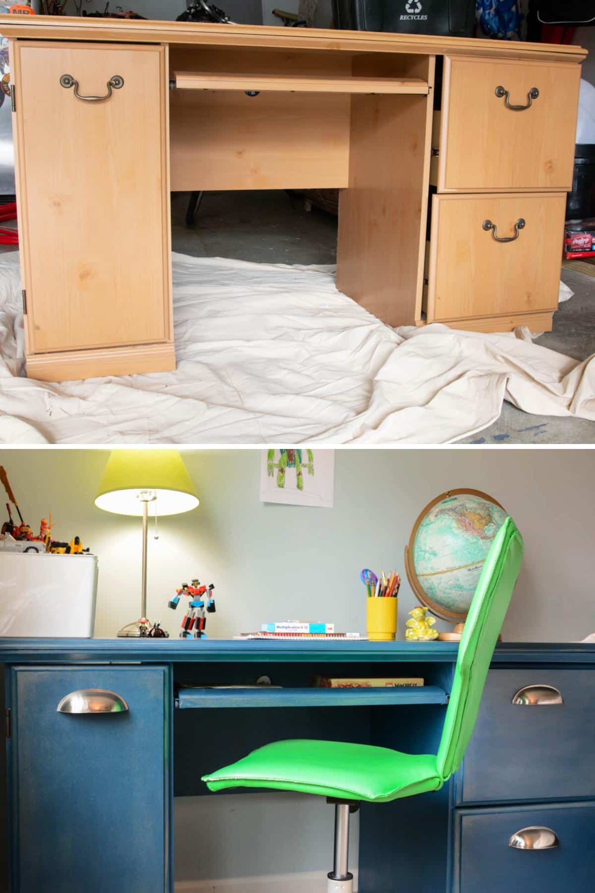 before and after images of painted desk makeover.