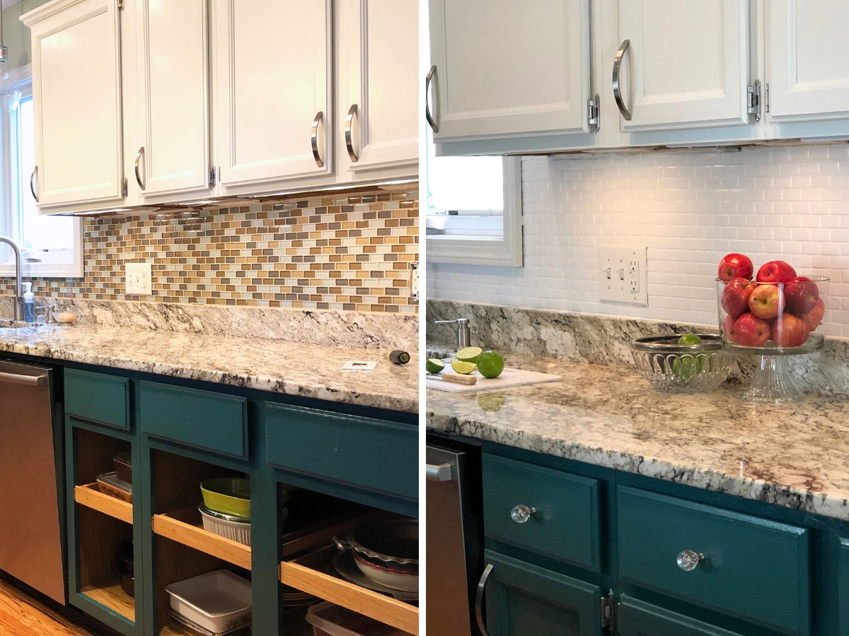 before and after painted backsplash tiles with white and green kitchen cabinets.