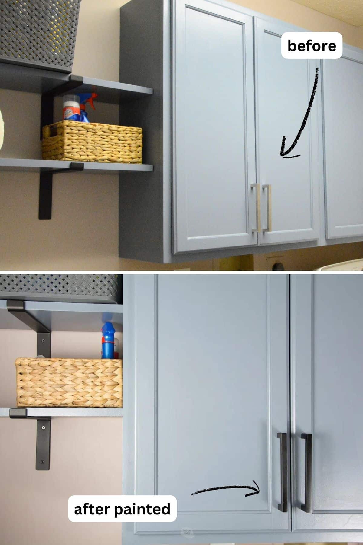 two images of blue gray cabinets with different colored cabinet pulls.