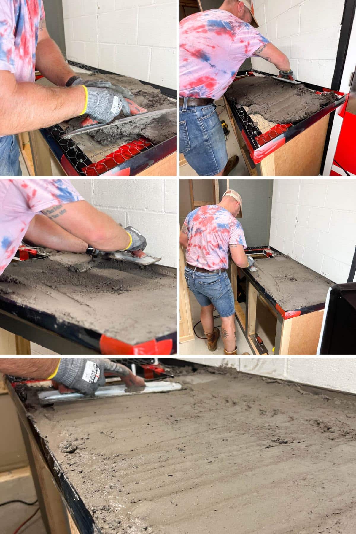 collage of man pouring concrete on countertops.