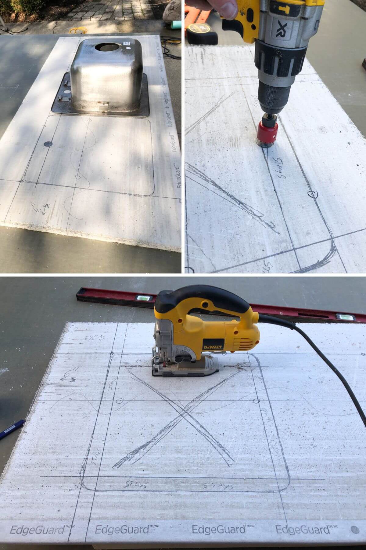 collage of three images of board being cut for concrete counters.