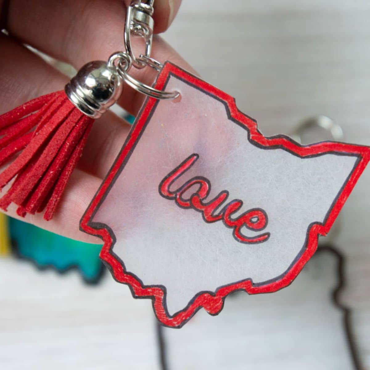 hand holding an Ohio state keychain with red tassel.
