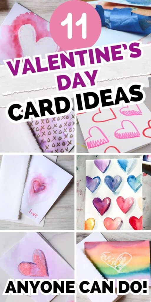 collage of easy heart watercolor paintings and cards with text overlay 11 Valentine's day card ideas.