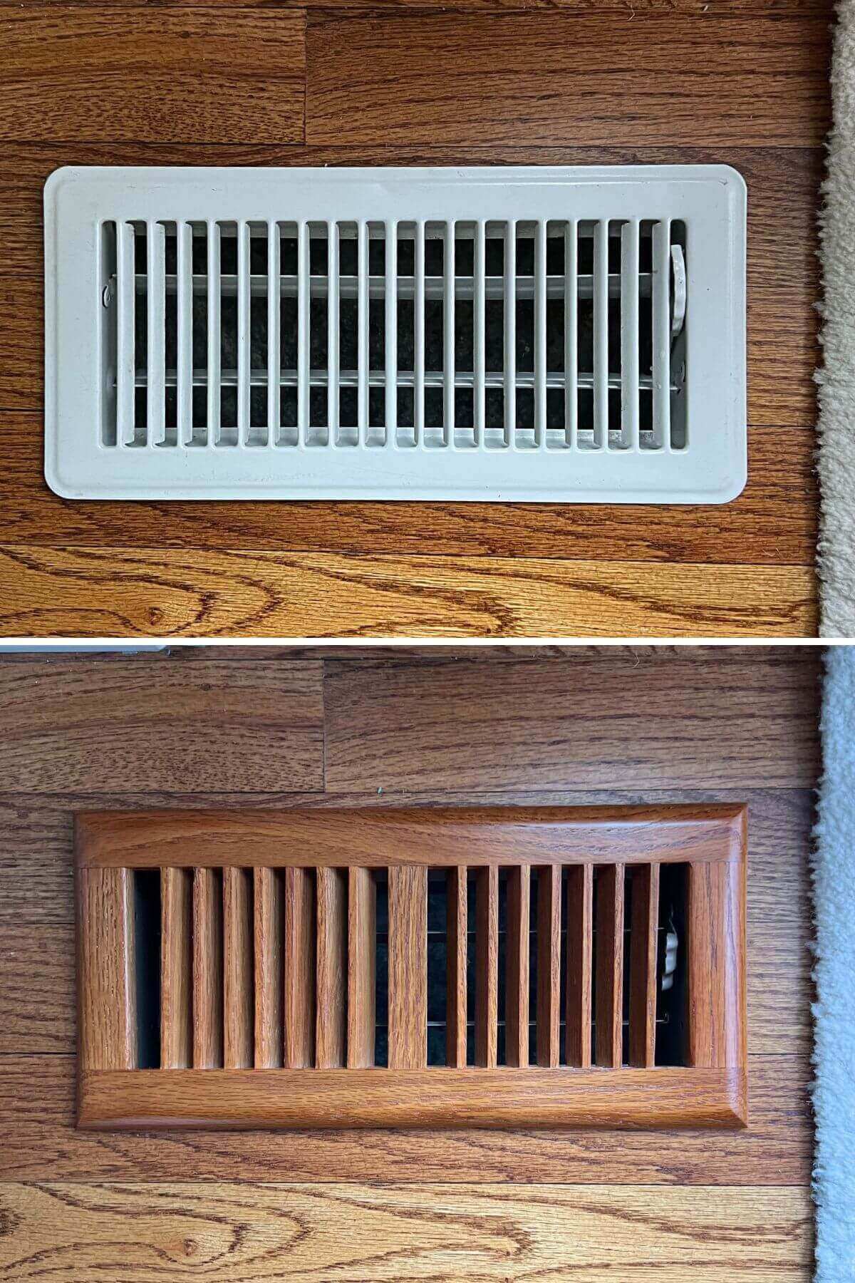 two images of wood floor with white floor vent and wood floor vent.