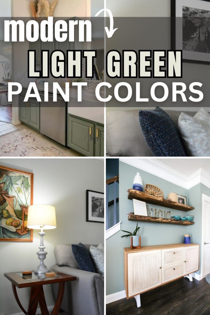 collage of rooms painted with light green paint with text modern light green paint colors.