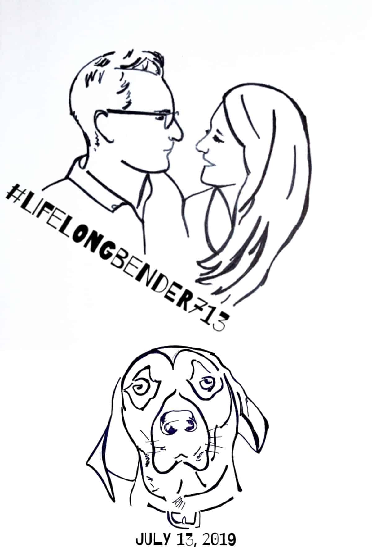 line drawings of couple and dog.