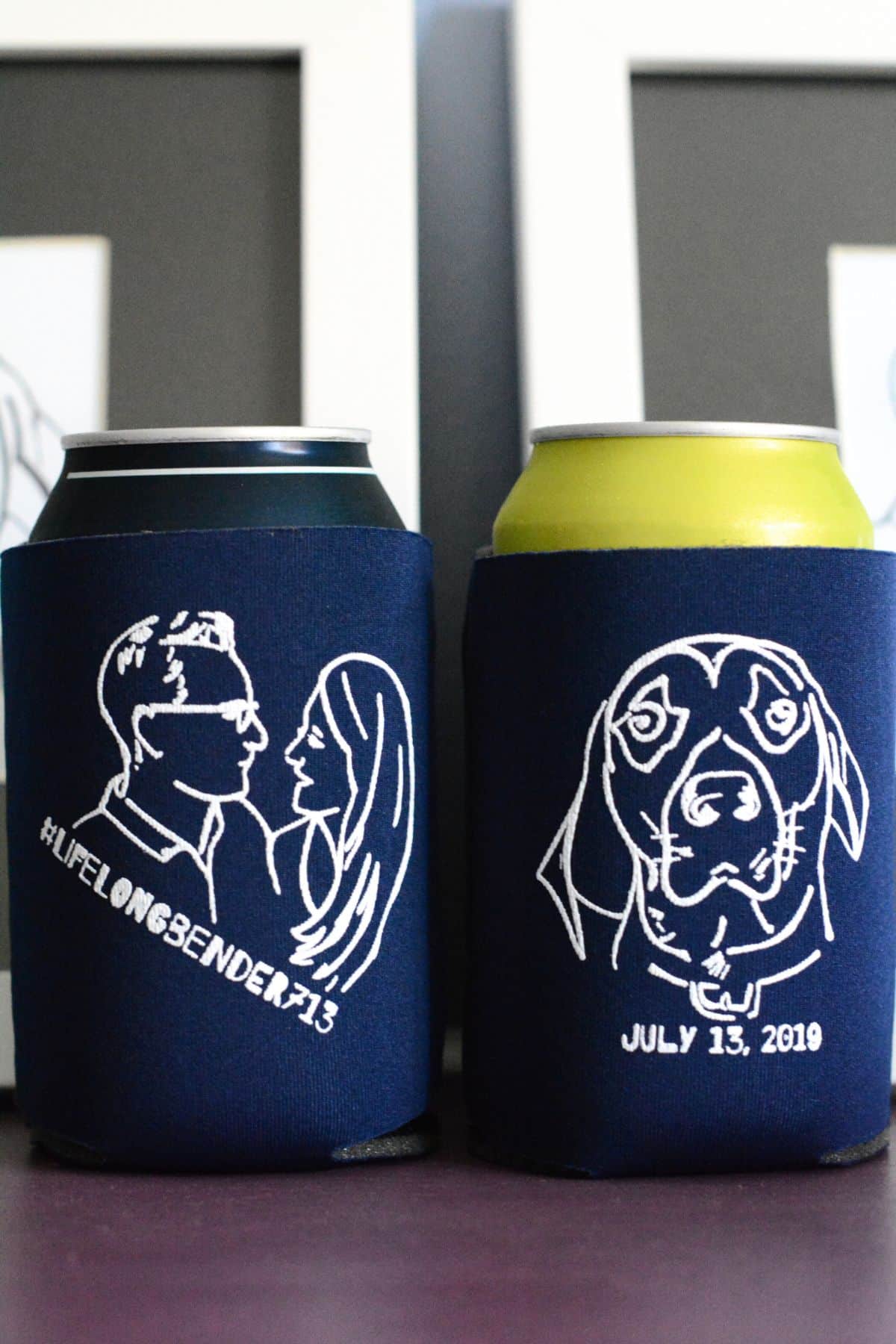 wedding can koozies with dog and couple hand drawn.