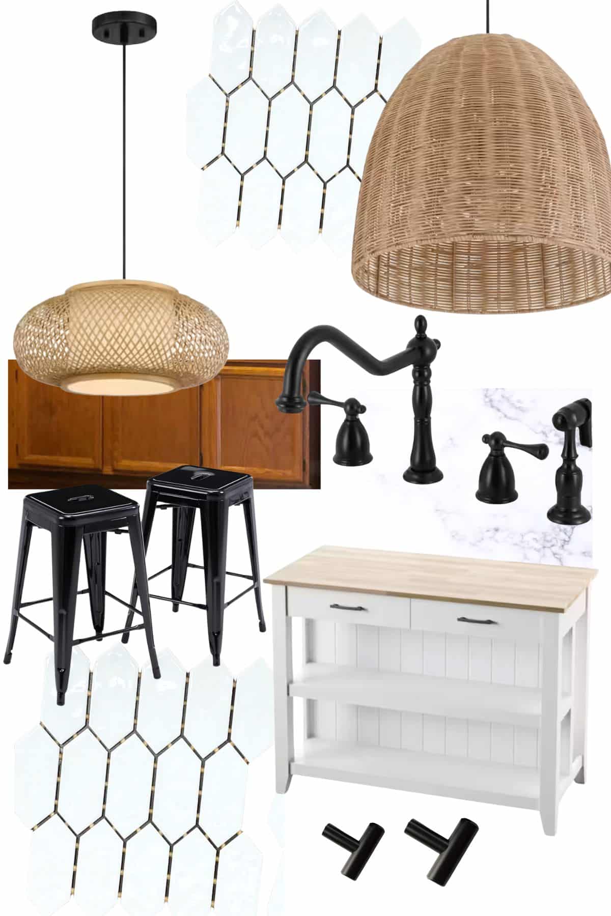 collage of basket lights, oak cabinet, white island, black stools and black kitchen faucet.