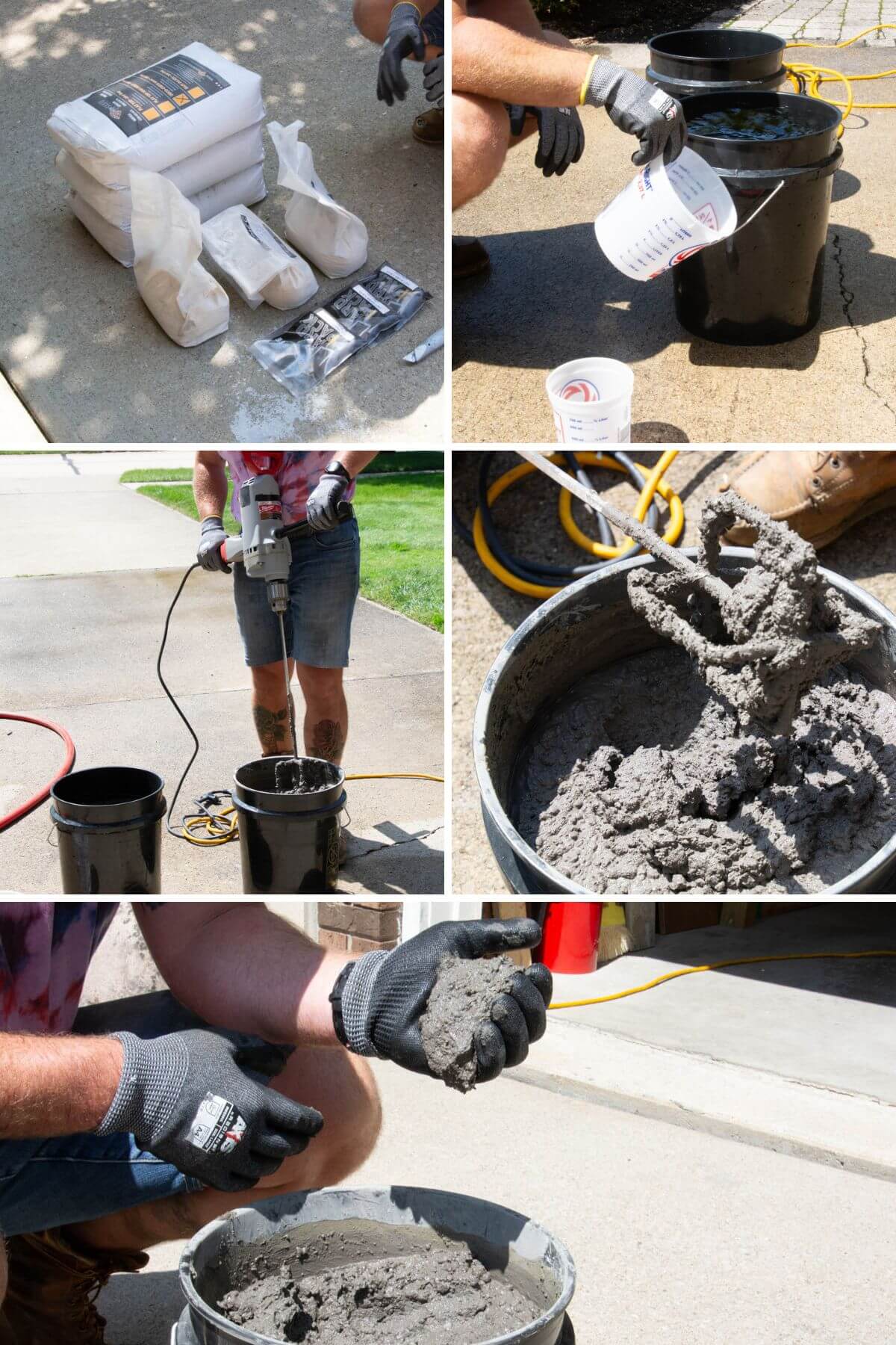collage of mixing concrete in driveway in a 5-galloon bucket.