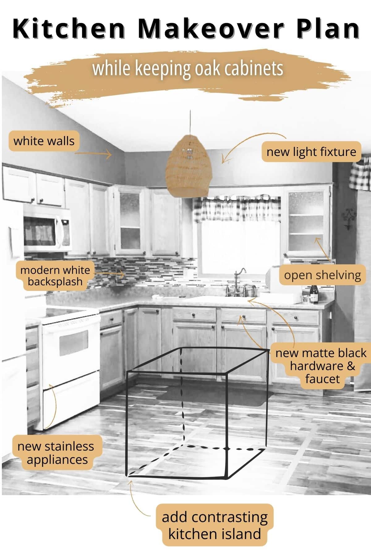 kitchen makeover plan while keeping oak kitchen cabinets.