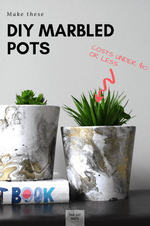 Make these DIY Marbled Pots for under $10 with image of two faux marbled pots and green plants